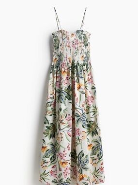 Floral Smocked Sundress in White, Green & Pink Print